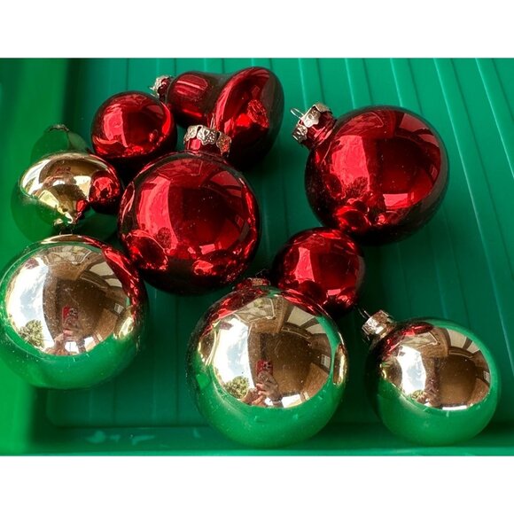 Set of 9 Metallic Shiny Gold & Red Christmas Glass Ornaments Ball-Shaped (READ) - Picture 1 of 8